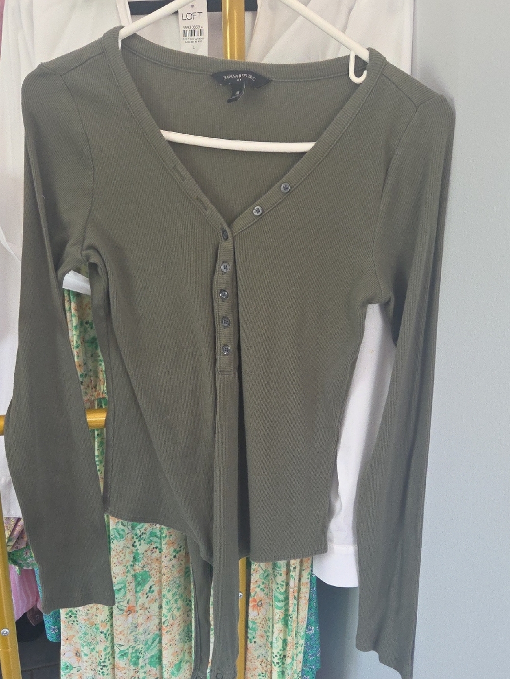 Banana Republic Olive Green Long-Sleeve Ribbed Bodysuit